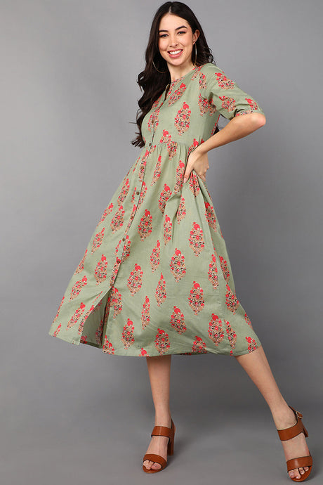 Olive Cotton Ethnic Motifs Midi Dress | Ethniqndia - Made In INDIA.