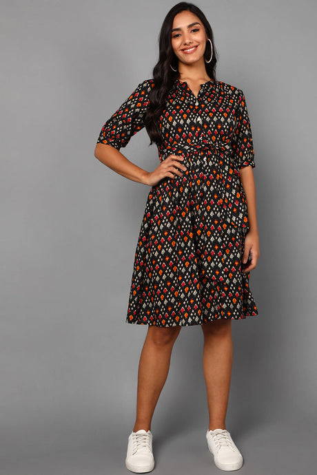 Black Cotton Abstract Print Midi Dress | Ethniqndia - Made In INDIA.