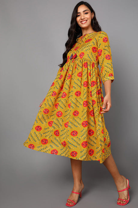 Mustard Cotton Bandhani Midi Dress | Ethniqndia - Made In INDIA.