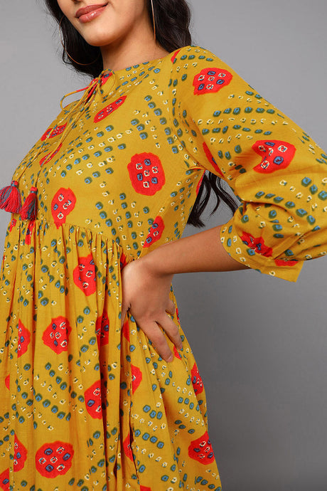 Women Mustard Cotton Bandhani Midi Dress | Ethniqndia - Made In INDIA.