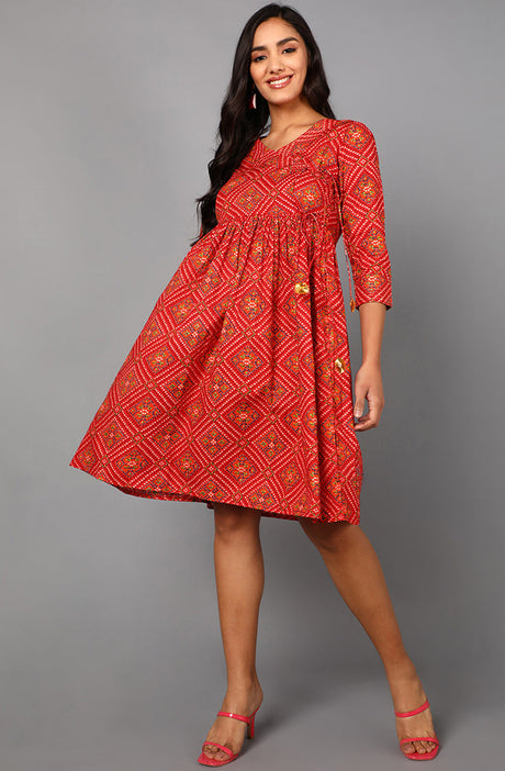 Red Cotton Bandhani Midi Dress | Ethniqndia - Made In INDIA.