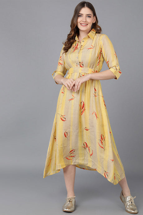 Yellow Crepe Floral Print Midi Dress | Ethniqndia - Made In INDIA.