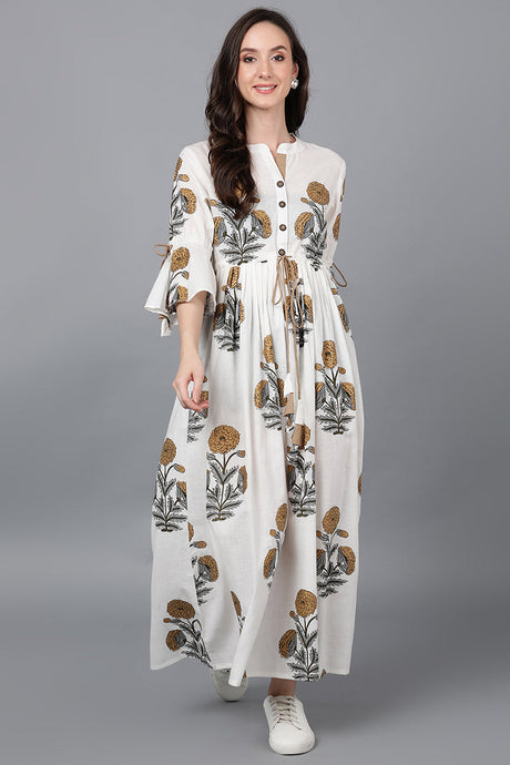 Off White Cotton Floral Maxi Dress | Ethniqndia - Made In INDIA.