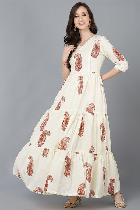 Cream Cotton Solid Ethnic Motifs Maxi Dress | Ethniqndia - Made In INDIA.