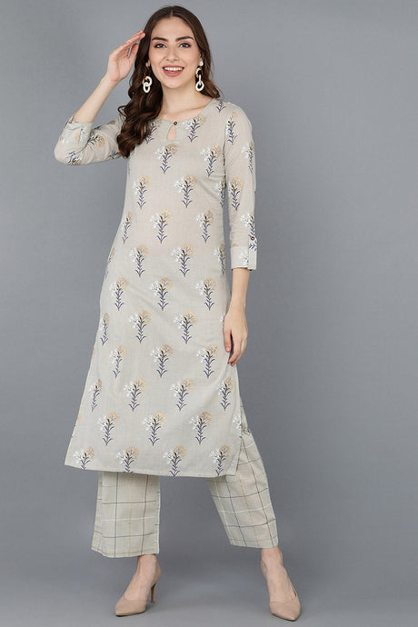 Beige Cotton Straight Kurta set | Ethniqndia - Made In INDIA.