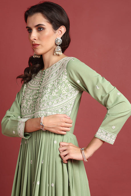 Green Georgette Embroidered Thread Work Flared Kurta Set | Ethniqndia - Made In INDIA.