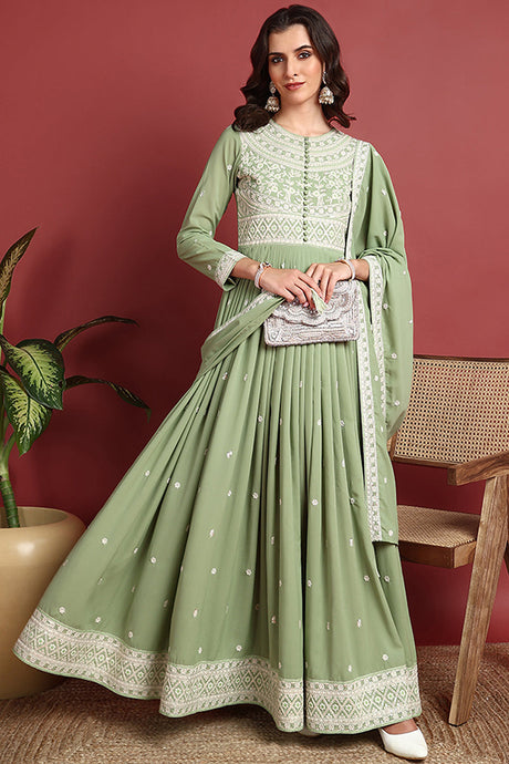 Green Georgette Embroidered Thread Work Flared Kurta Set | Ethniqndia - Made In INDIA.