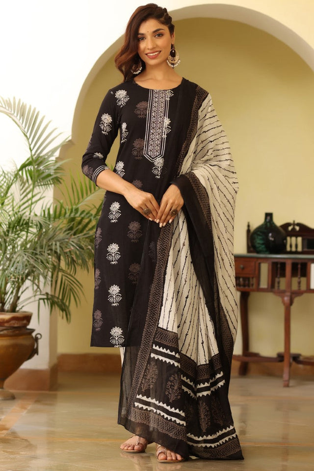 Women Black & White Printed Kurta with Trousers & Dupatta | Ethniqndia - Made In INDIA.