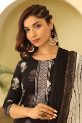 Women Black & White Printed Kurta with Trousers & Dupatta | Ethniqndia - Made In INDIA.