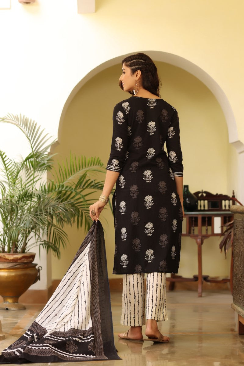 Women Black & White Printed Kurta with Trousers & Dupatta | Ethniqndia - Made In INDIA.