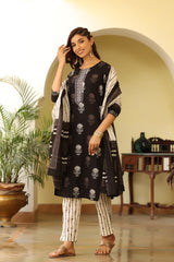 Women Black & White Printed Kurta with Trousers & Dupatta | Ethniqndia - Made In INDIA.