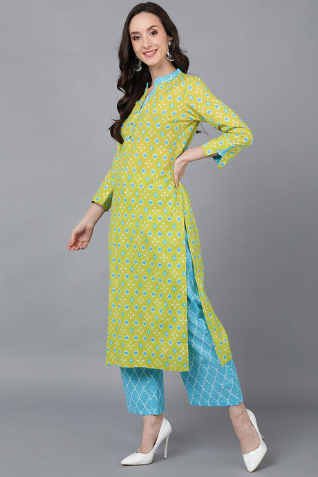 Women Lime Green Printed Rayon Blend Kurta Palazzo With Dupatta | Ethniqndia - Made In INDIA.