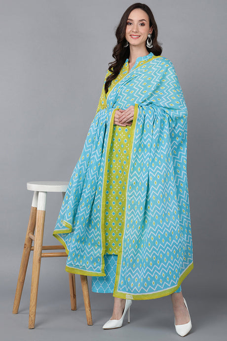 Lime Green Printed Rayon Blend Kurta Palazzo With Dupatta | Ethniqndia - Made In INDIA.