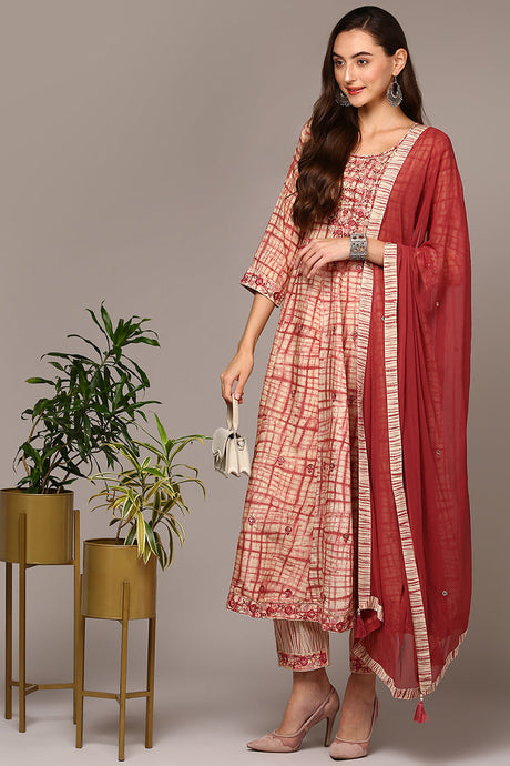 Women Beige Silk Blend Abstract Printed Flared Suit Set | Ethniqndia - Made In INDIA.