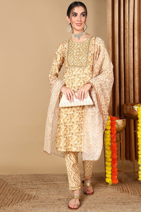 Beige Pure Cotton Geometric Printed Suit Set | Ethniqndia - Made In INDIA.