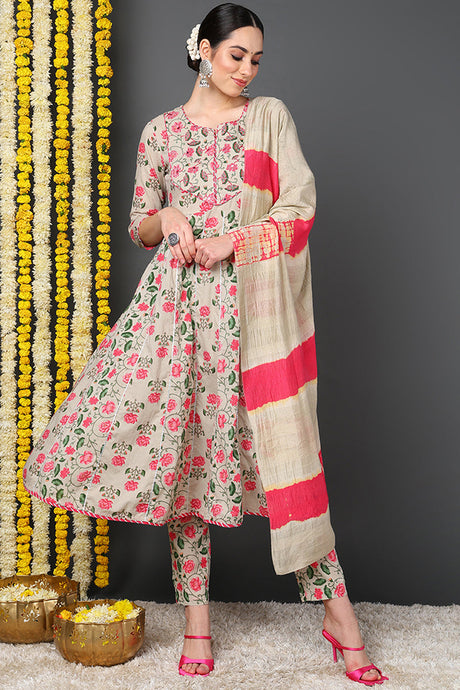 Women Beige Pure Cotton Floral Yoke Design Flared Suit Set | Ethniqndia - Made In INDIA.