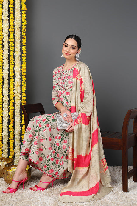 Beige Pure Cotton Floral Yoke Design Flared Suit Set | Ethniqndia - Made In INDIA.