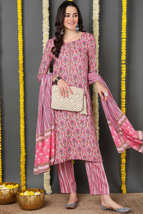 Pink Rayon Blend Ethnic Motifs Printed Straight Suit Set | Ethniqndia - Made In INDIA.