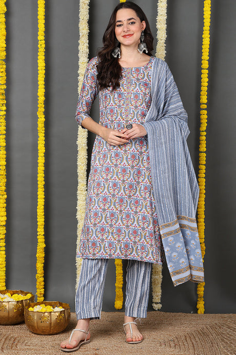 Grey Rayon Blend Ethnic Motifs Printed Straight Suit Set | Ethniqndia - Made In INDIA.