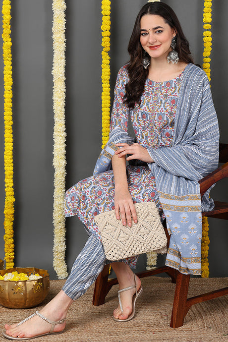 Women Grey Rayon Blend Ethnic Motifs Printed Straight Suit Set | Ethniqndia - Made In INDIA.