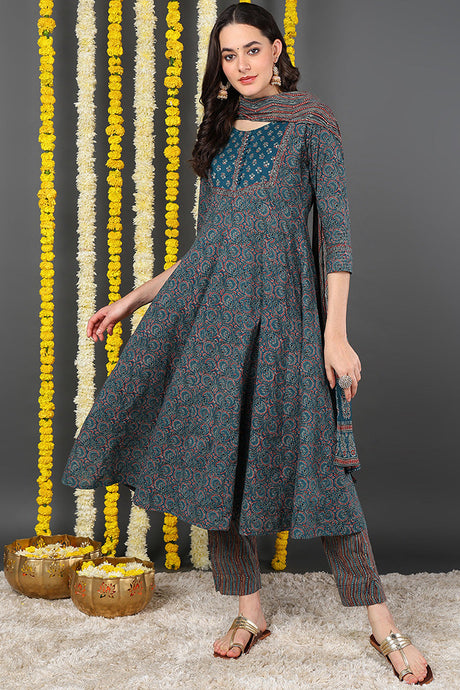 Teal Cotton Ethnic Motifs Printed A-Line Suit Set | Ethniqndia - Made In INDIA.