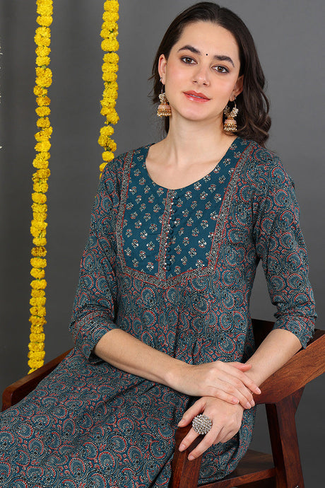 Women Teal Cotton Ethnic Motifs Printed A-Line Suit Set | Ethniqndia - Made In INDIA.