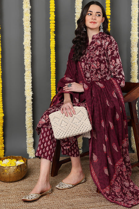 Women Maroon Rayon Blend Floral Printed Straight Suit Set | Ethniqndia - Made In INDIA.