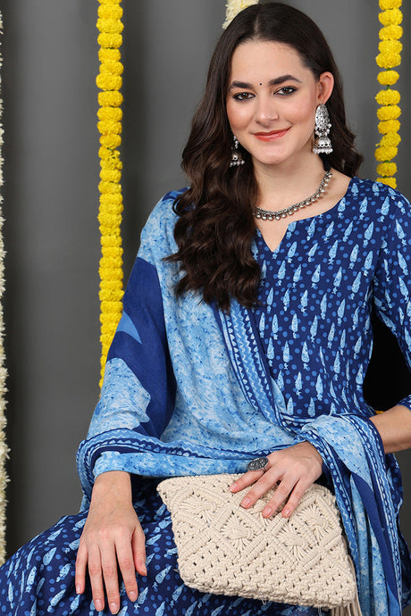 Women Blue Rayon Blend Ethnic Motifs Printed Straight Suit Set | Ethniqndia - Made In INDIA.