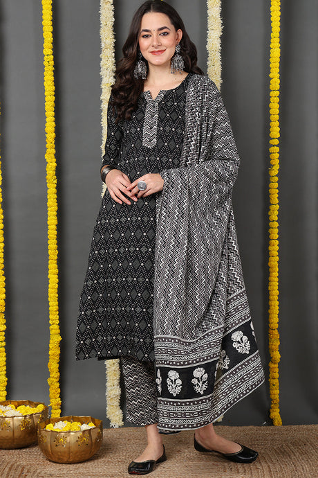 Black Rayon Blend Geometric Printed Straight Suit Set | Ethniqndia - Made In INDIA.