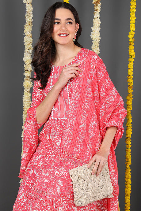 Women Pink Rayon Blend Floral Printed Straight Suit Set | Ethniqndia - Made In INDIA.