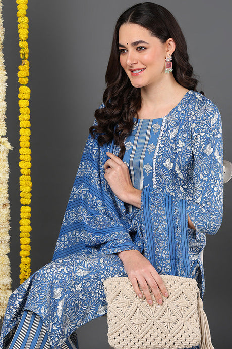 Women Blue Rayon Blend Floral Printed Straight Suit Set | Ethniqndia - Made In INDIA.