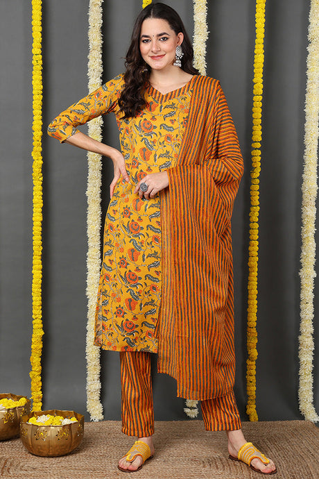 Yellow Viscose Rayon Floral Printed Straight Suit Set | Ethniqndia - Made In INDIA.