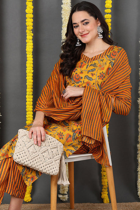 Women Yellow Viscose Rayon Floral Printed Straight Suit Set | Ethniqndia - Made In INDIA.