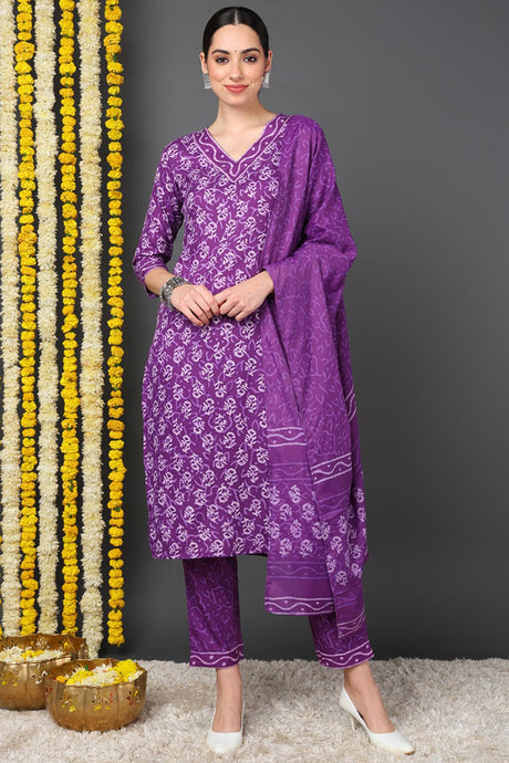 Violet Rayon Blend Ethnic Motifs Printed Straight Suit Set | Ethniqndia - Made In INDIA.