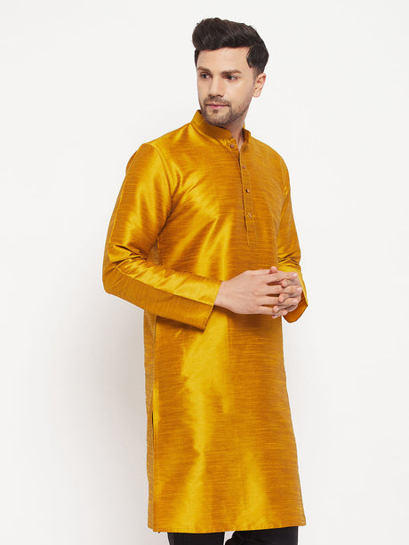 VM BY Ethniqndia Men's Mustard Cotton Silk Blend Kurta