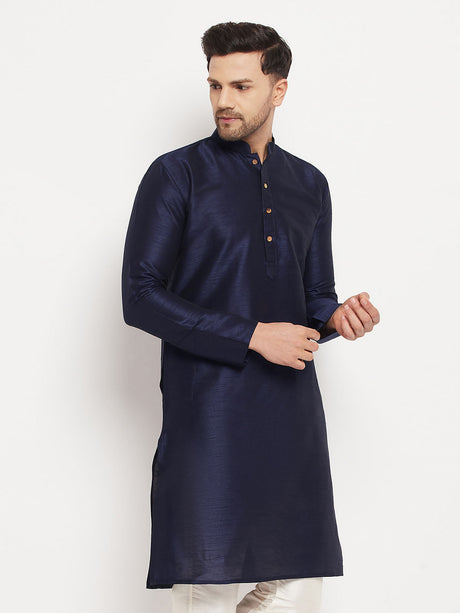 VM BY Ethniqndia Men's Dark Blue Cotton Silk Blend Kurta