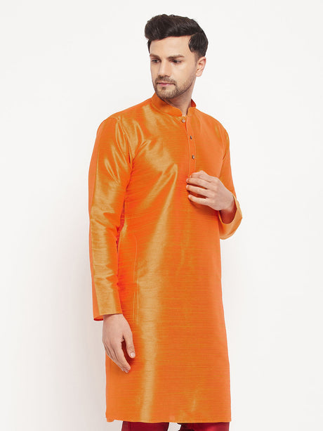 VM BY Ethniqndia Men's Orange Cotton Silk Blend Kurta