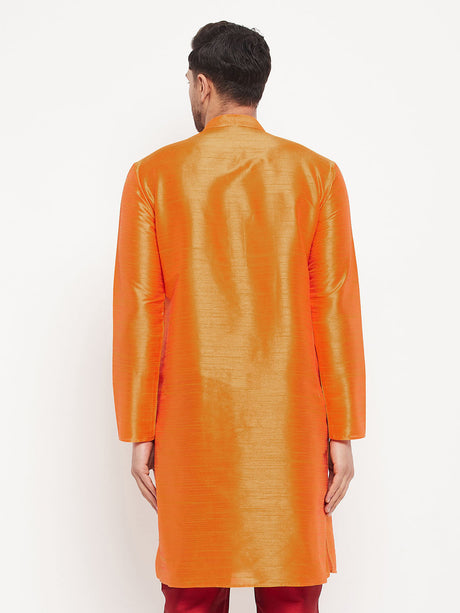 VM BY Ethniqndia Men's Orange Cotton Silk Blend Kurta