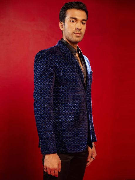 Ethniqndia Men's Blue Velvet Schiflli Blazer