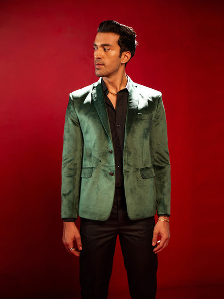 Ethniqndia Men's Green Velvet Fancy Blazer