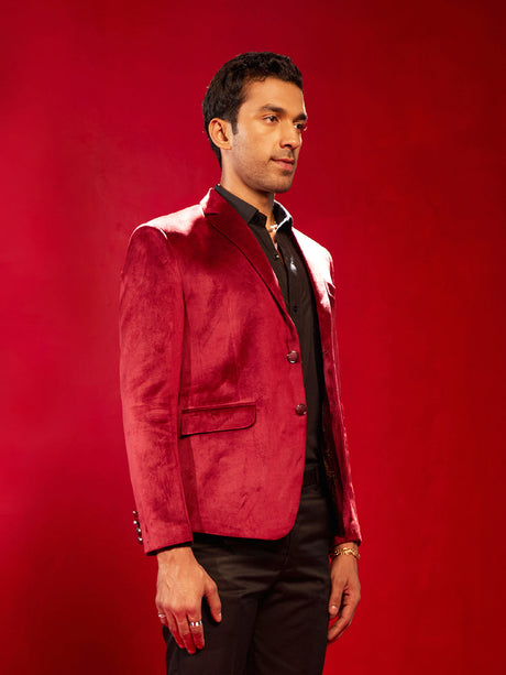 Ethniqndia Men's Maroon Velvet Fancy Blazer