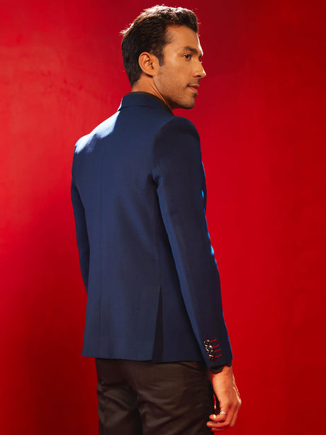 Ethniqndia Men's Navy Blue Silk Blend Blazer