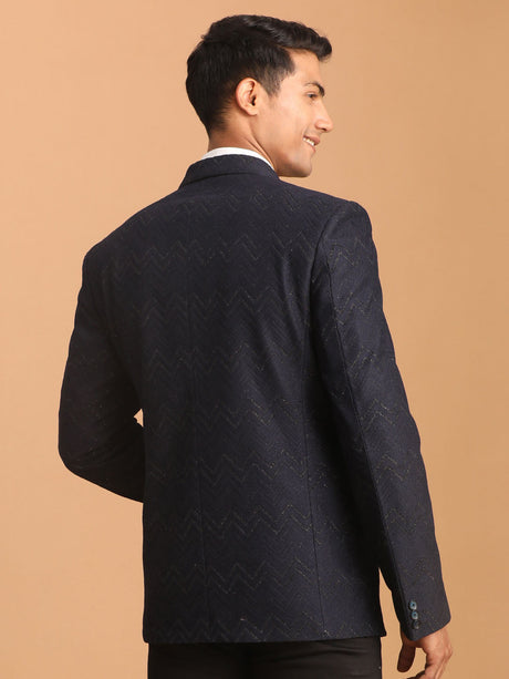 Ethniqndia Men's Navy Blue Zig Zag Glitter Silk Blend Blazer