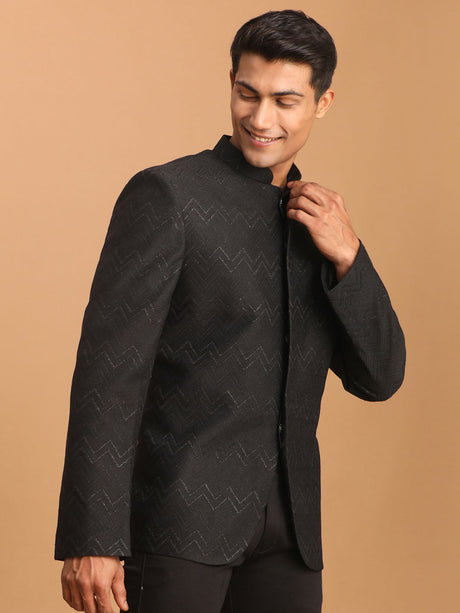 Ethniqndia Men's Black Silk Blend Glitter Zig zag Jodhpuri