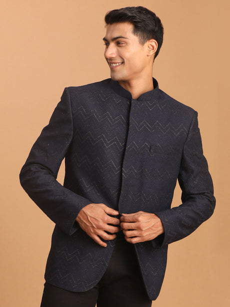 Ethniqndia Men's Navy Blue Silk Blend Glitter Zig zag Jodhpuri