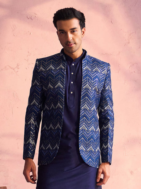 Ethniqndia Men's Navy Blue Silk Embroidered Jodhpuri