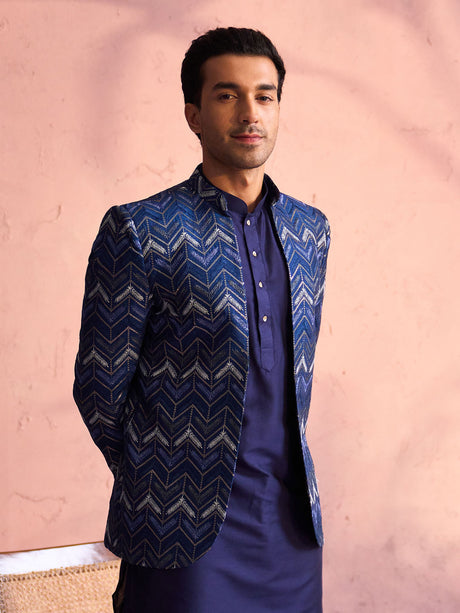 Ethniqndia Men's Navy Blue Silk Embroidered Jodhpuri