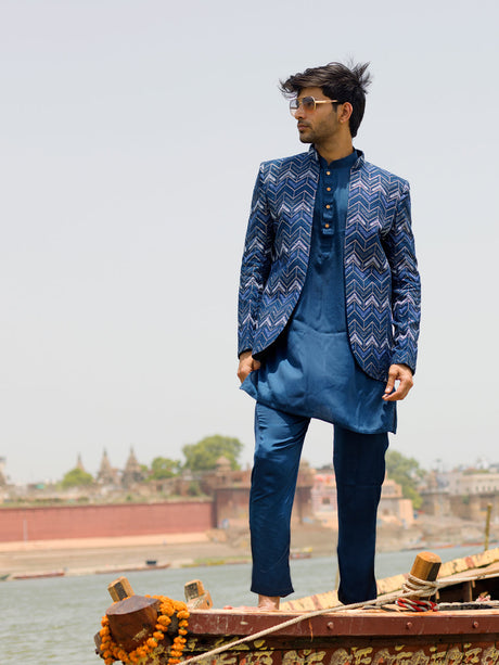 Ethniqndia Men's Navy Blue Silk Embroidered Jodhpuri With Curved Kurta Pant Set