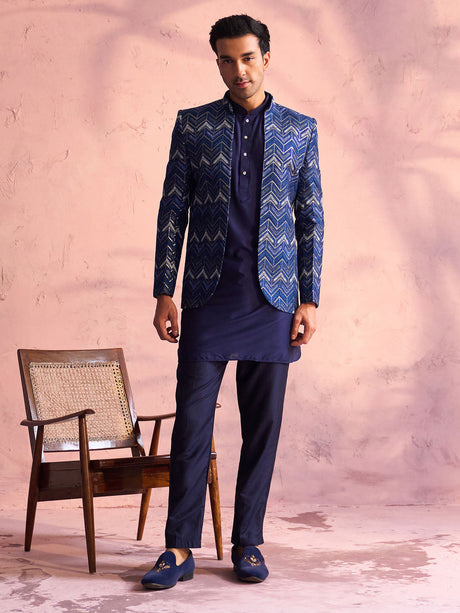 Ethniqndia Men's Navy Blue Silk Embroidered Jodhpuri With Curved Kurta Pant Set