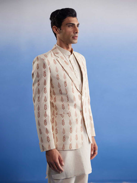 Ethniqndia Men's Cream Leaf Printed Blazer